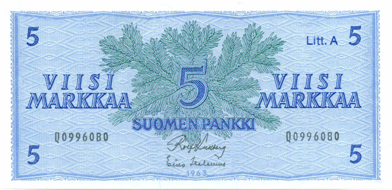 5 Markkaa 1963 Litt.A Q0996080 kl.8-9